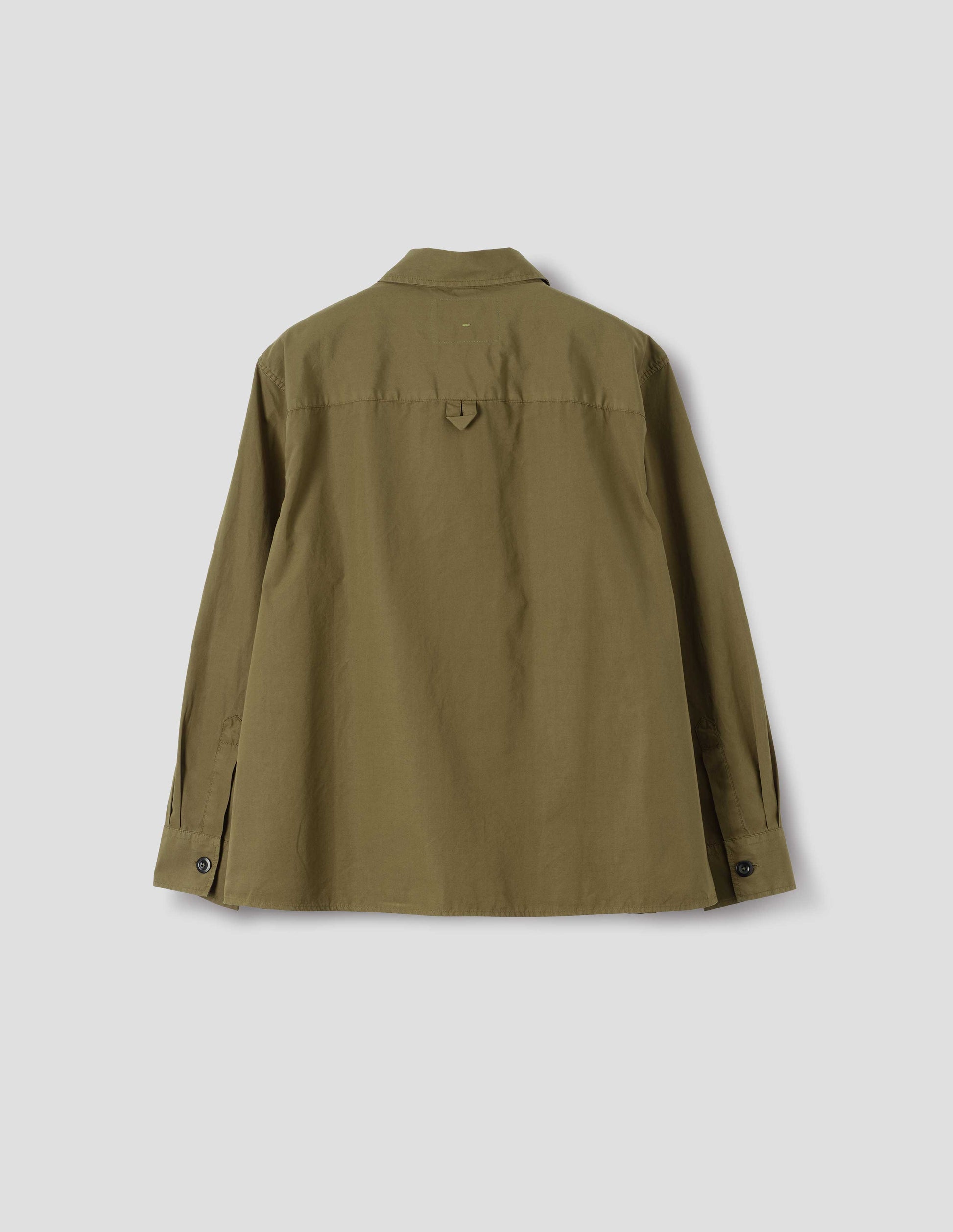 Brownish green cotton shirt, with hanger loop detail on the back yoke, back flat lay view.