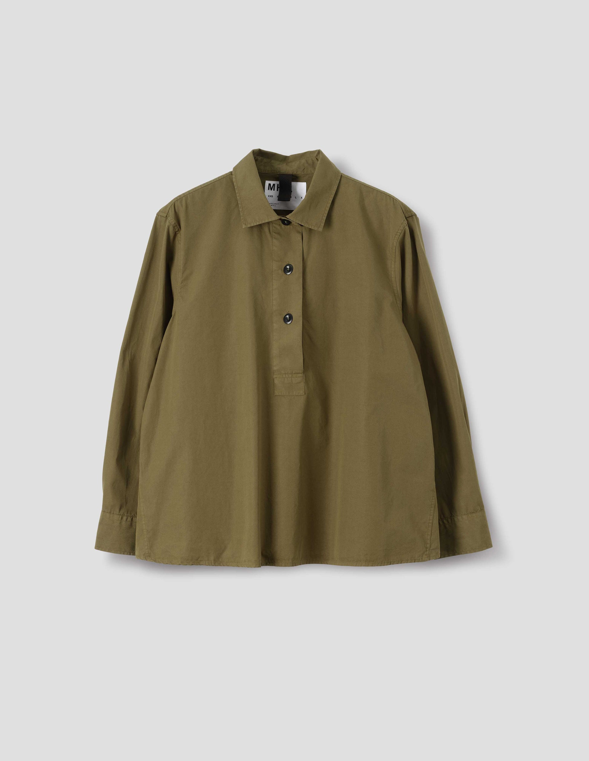Brownish green cotton shirt, with dark buttons, front flat lay view.