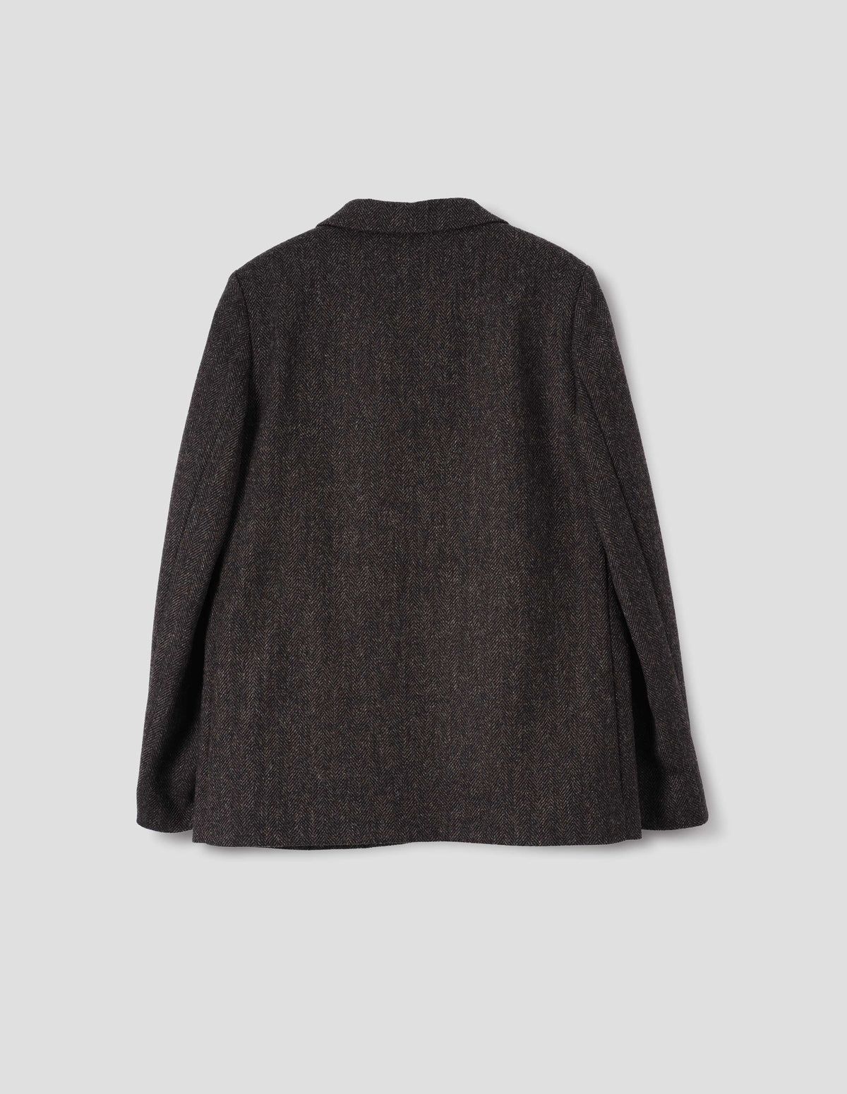 Brown and black herringbone wool blazer with narrow collar. Back flat lay view.