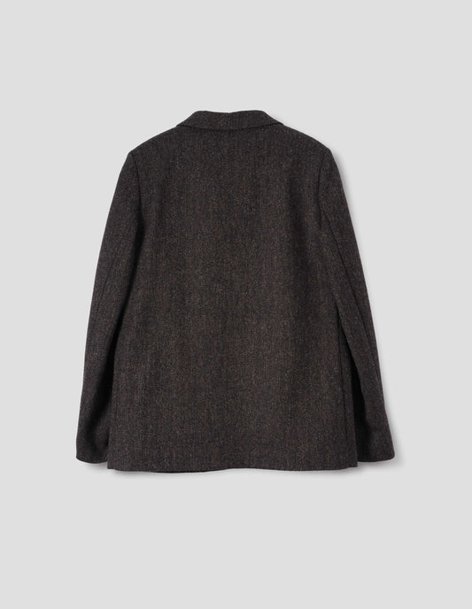 Brown and black herringbone wool blazer with narrow collar. Back flat lay view.