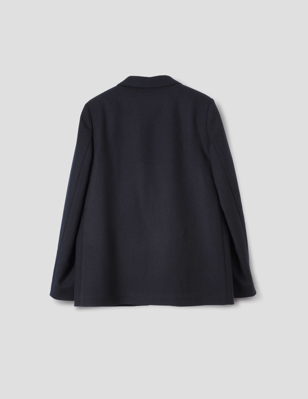 Dark blue wool blazer with narrow collar. Back flat lay view.