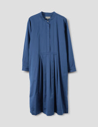 PLEATED BIB FRONT DRESS | COTTON SILK POPLIN | MARINE BLUE