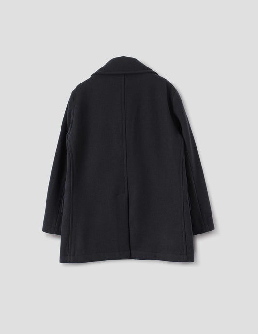 Dark blue wool coat with large collar, centre back seam and rear vent. Back flat lay view.