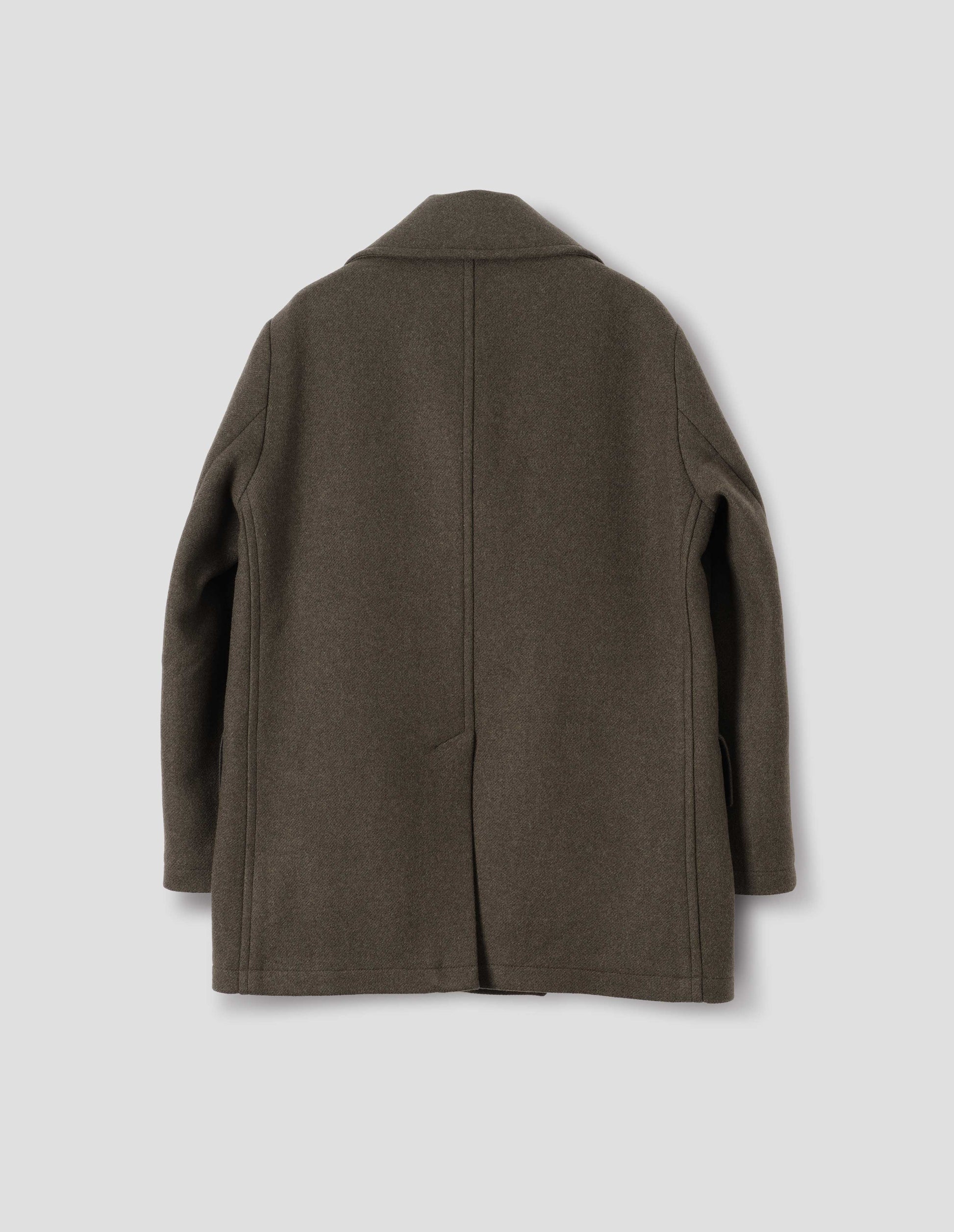 Khaki green wool blend coat with large collar, centre back seam and rear vent. Back flat lay view.