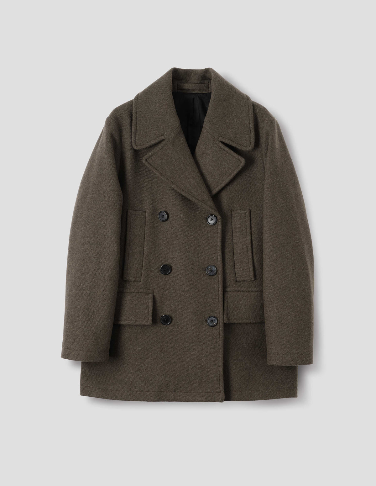 Khaki green wool blend coat with large collar and revere, double breasted front with horn buttons, high-set single welt pockets and large flap pockets. Front flat lay view.