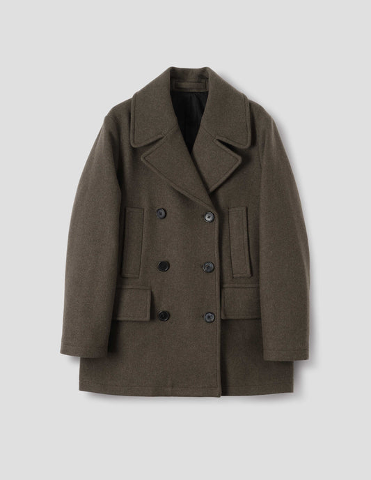 Khaki green wool blend coat with large collar and revere, double breasted front with horn buttons, high-set single welt pockets and large flap pockets. Front flat lay view.