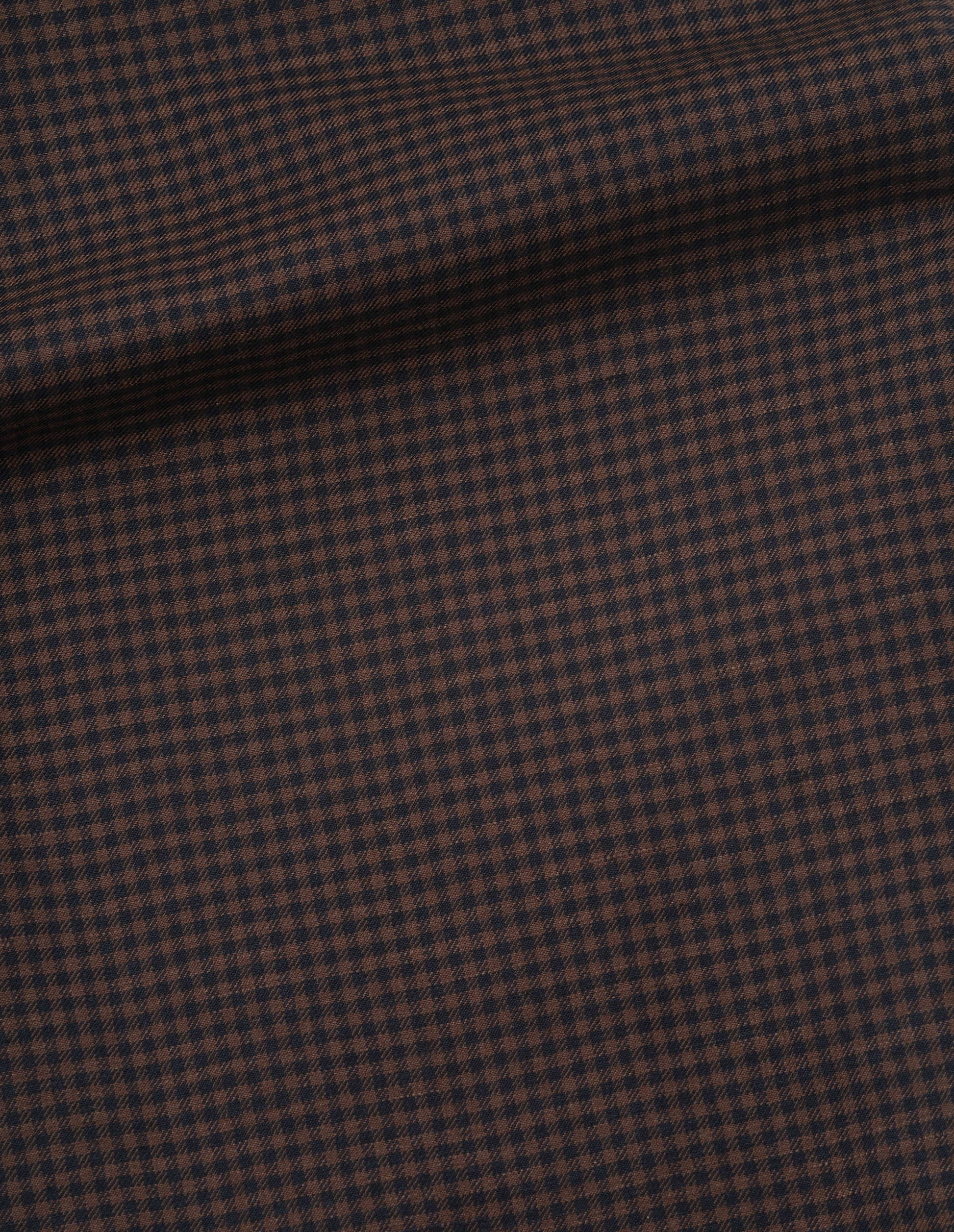 Dark blue and dark brown linen wool gingham trousers fabric swatch.