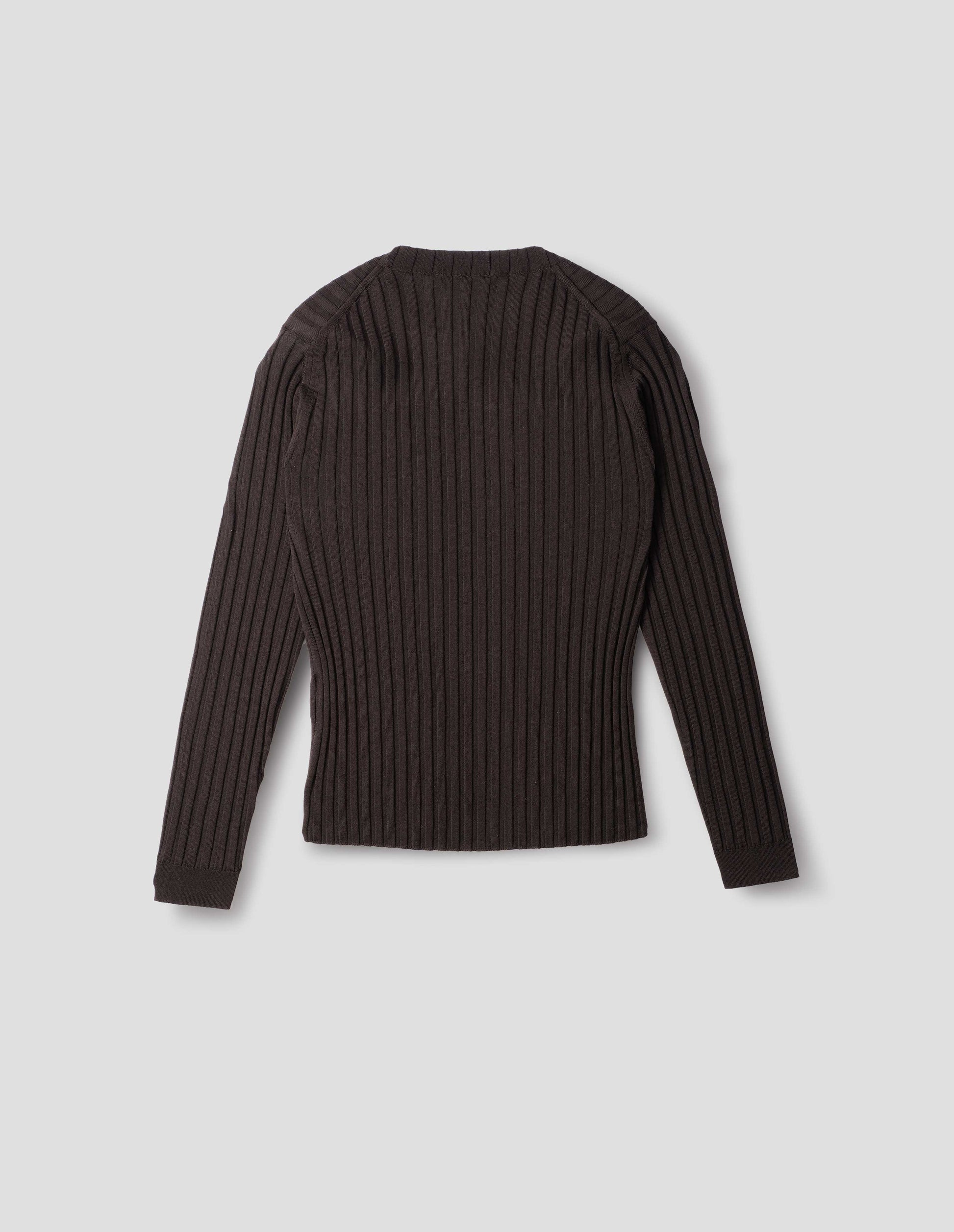 Dark brown merino top with wide rib through body, wide contrast rib on crew neck, and set-in long sleeves with fine rib cuffs. Back flat lay view. 