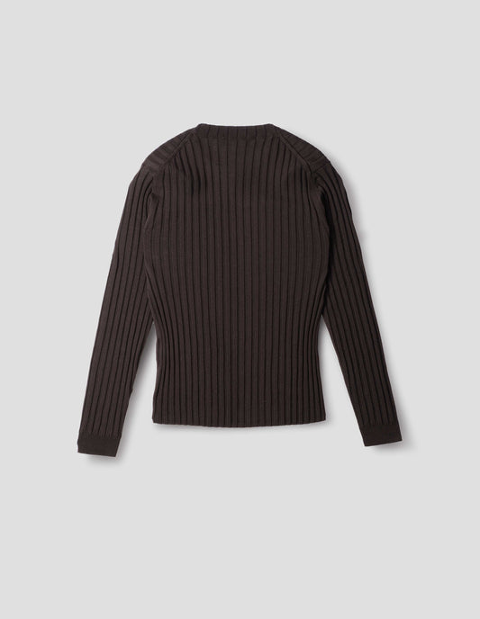 Dark brown merino top with wide rib through body, wide contrast rib on crew neck, and set-in long sleeves with fine rib cuffs. Back flat lay view. 