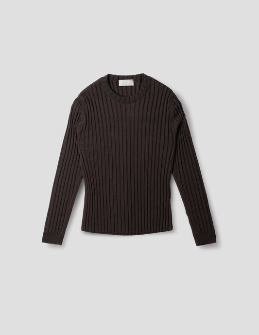 Dark brown merino top with wide rib through body, wide contrast rib on crew neck, and set-in long sleeves with fine rib cuffs. Front flat lay view. 