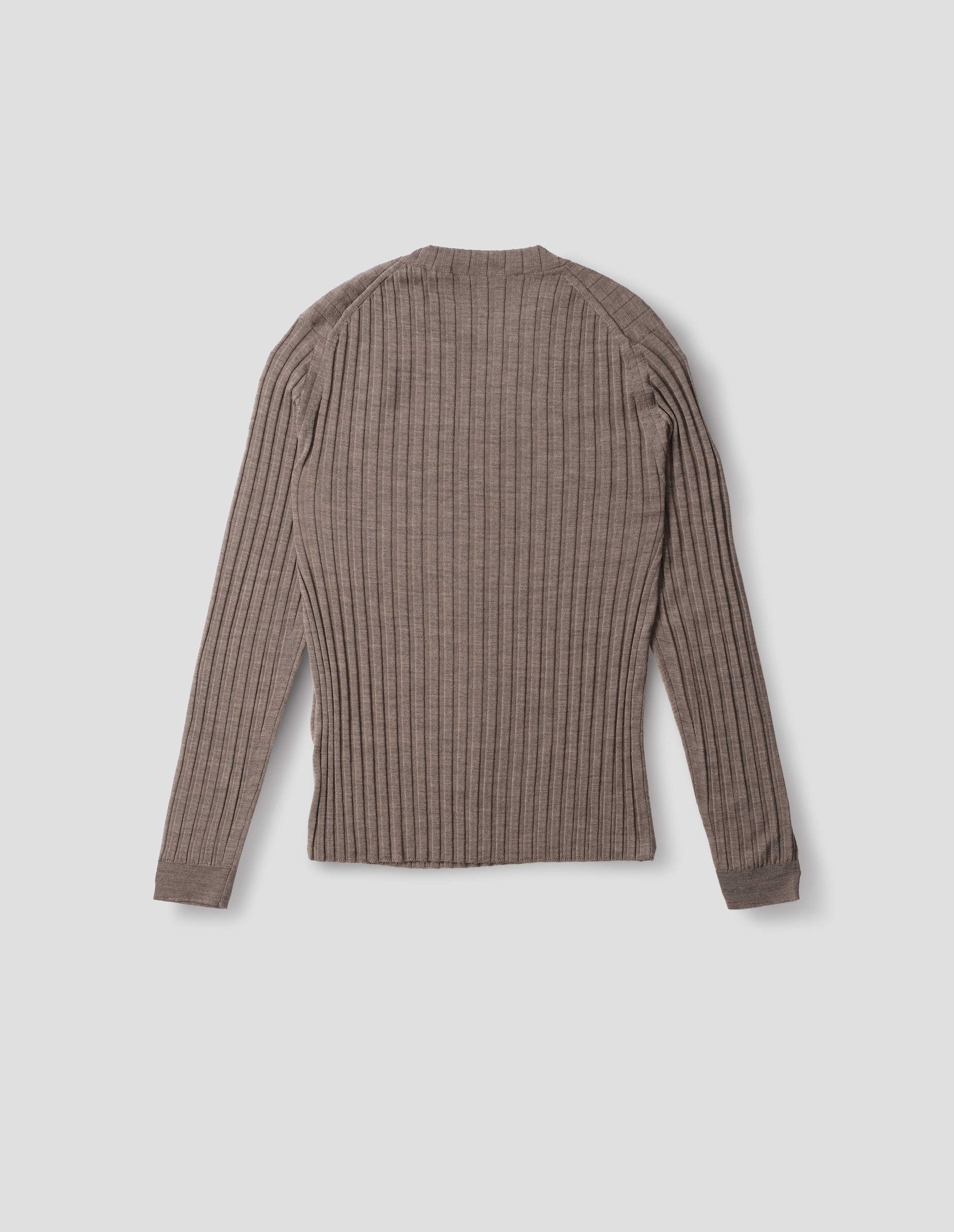 Dark beige merino top with wide rib through body, wide contrast rib on crew neck, and set-in long sleeves with fine rib cuffs. Back flat lay view.