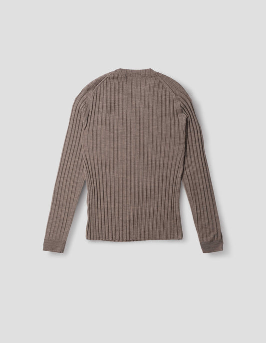 Dark beige merino top with wide rib through body, wide contrast rib on crew neck, and set-in long sleeves with fine rib cuffs. Back flat lay view.
