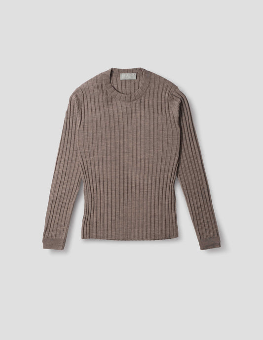 Dark beige merino top with wide rib through body, wide contrast rib on crew neck, and set-in long sleeves with fine rib cuffs. Front flat lay view. 