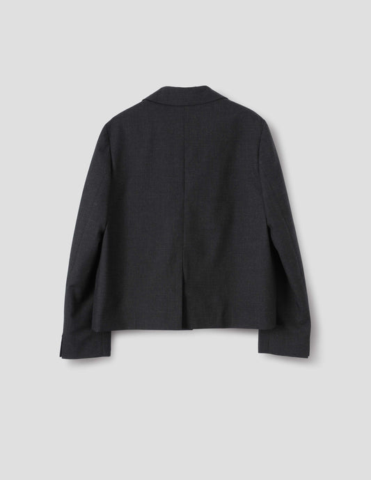 Dark grey wool check blazer with centre back vent and horn buttons on cuffs. Back flat lay view.