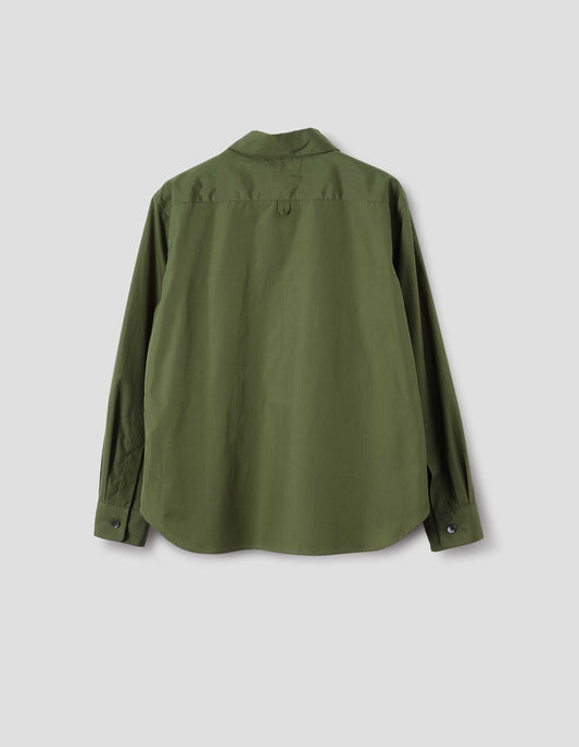 Green cotton shirt with hanger loop detail on back yoke, mother of pearl buttons on cuffs and curved hem. Back flat lay view.