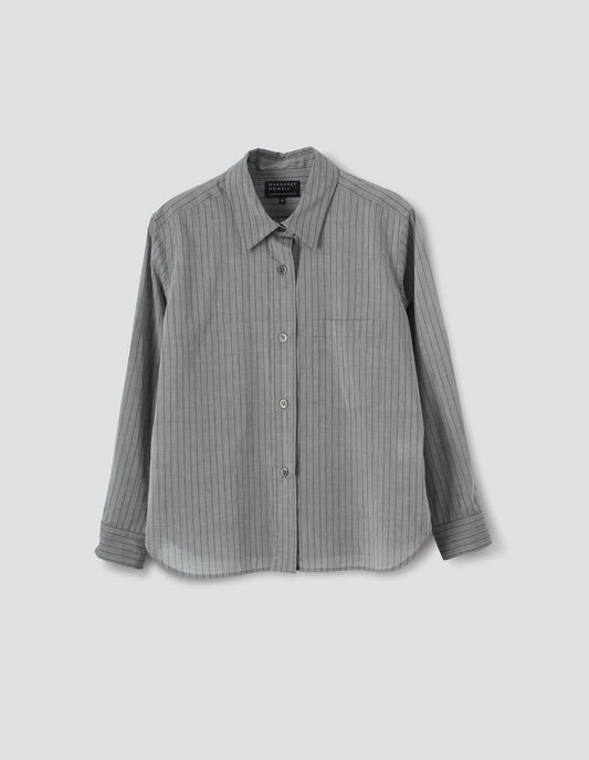 Grey cotton shirt with black stipes, mother of pearl buttons on raised placket, chest patch pocket and curved hem. Front flat lay view.