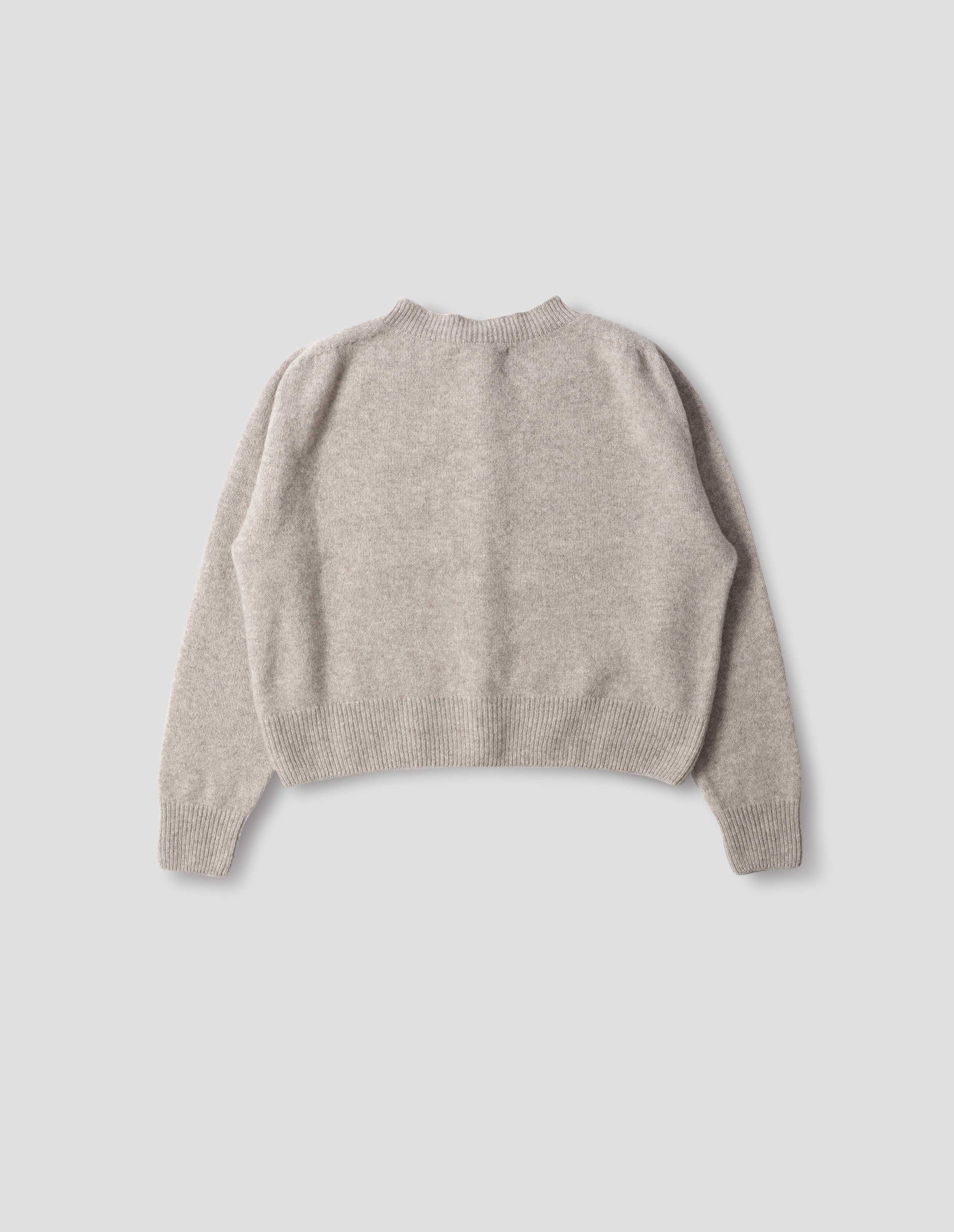 Beige merino cashmere fully fashioned cardigan with ribbed crew neck, cuffs and hem. Back flat lay view.