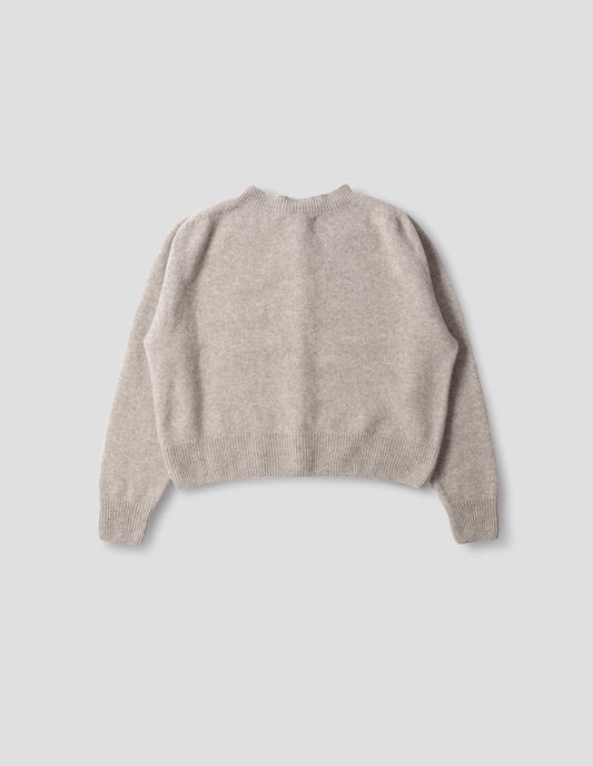 Beige merino cashmere fully fashioned cardigan with ribbed crew neck, cuffs and hem. Back flat lay view.