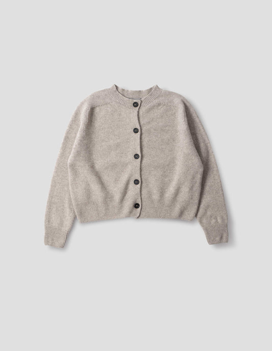 Beige merino cashmere fully fashioned cardigan with dark horn buttons and with ribbed crew neck, cuffs and hem. Front flat lay view.