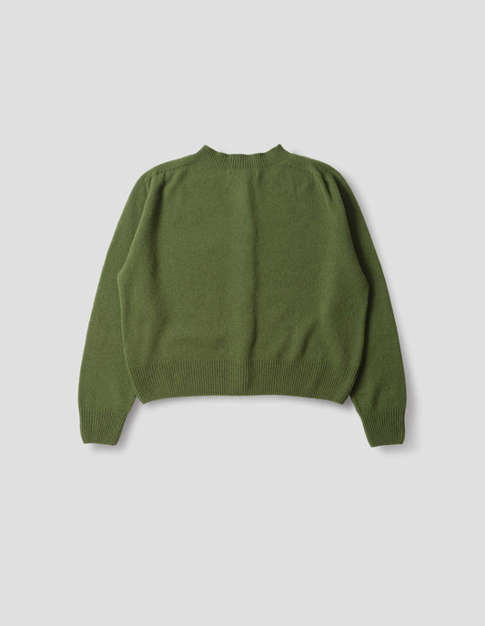 Green merino cashmere fully fashioned cardigan with ribbed crew neck, cuffs and hem. Back flat lay view.