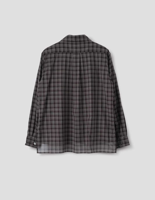 Black and white cotton check shirt with pleat on back yoke, mother of pearl buttons cuffs and stepped hem. Back flat lay view.