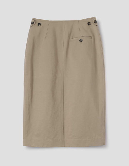 Beige cotton linen skirt with horn button side cinches, horn button-through back welt pocket, and with stitch-through hem. Back flat lay view.