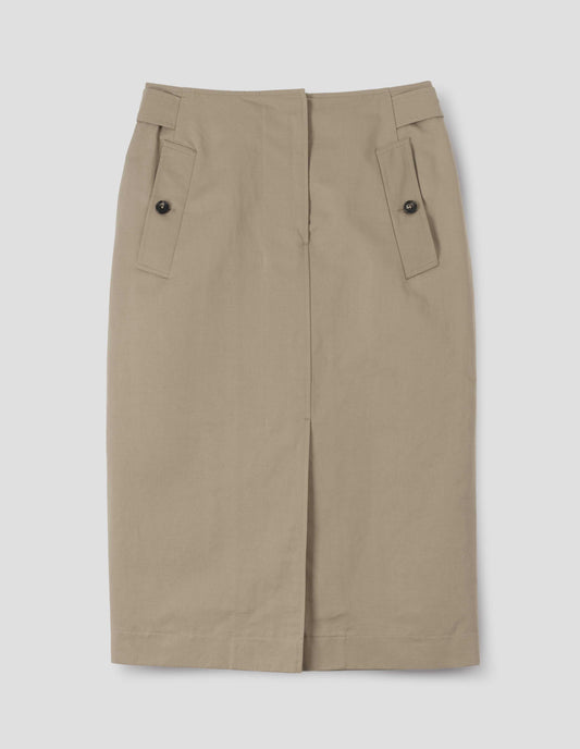Beige cotton linen skirt with concealed zip fly and hook and bar fastening, waist cinch detail, horn button-through slanted welt pockets, centre front vent split stitch-through hem. Front flat lay view.