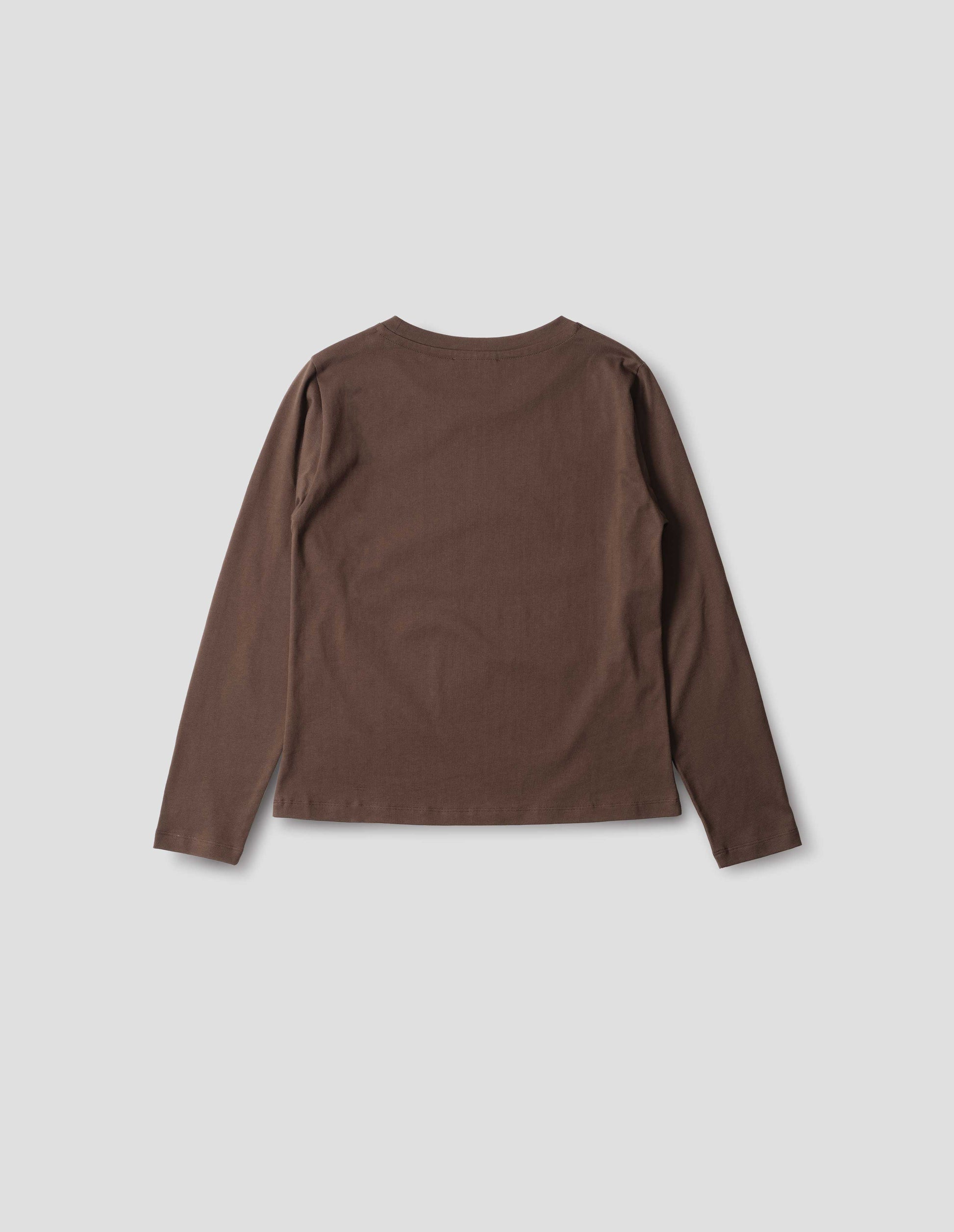 Dark brown jersey t-shirt with wide neck and long sleeves. Back flat lay view.