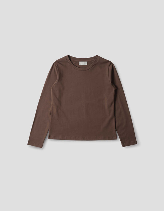Dark brown jersey t-shirt with wide neck and long sleeves. Front flat lay view.