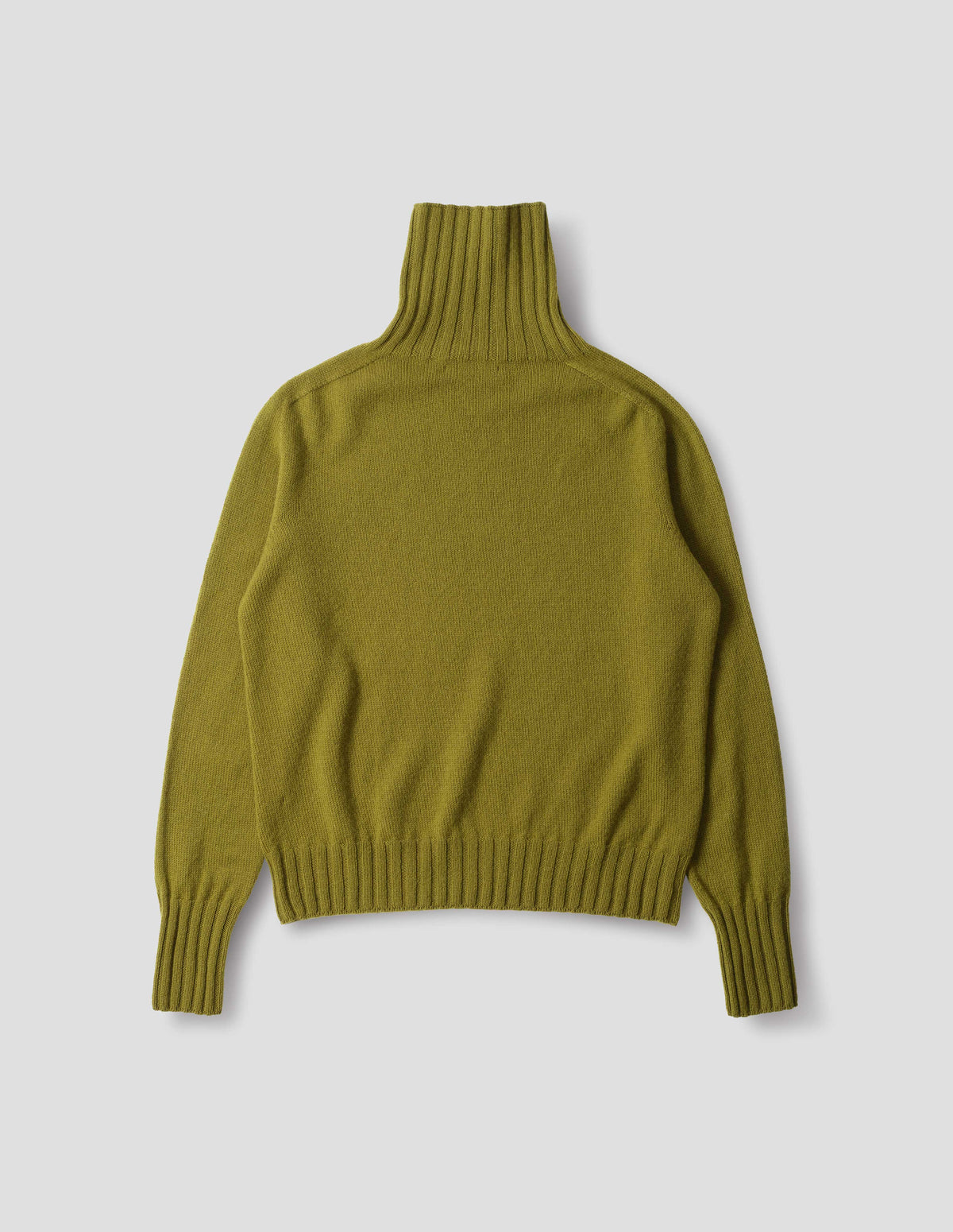 Green seamless cashmere roll neck jumper with contrast ribbing on neck, cuffs and hem. Back flat lay view.