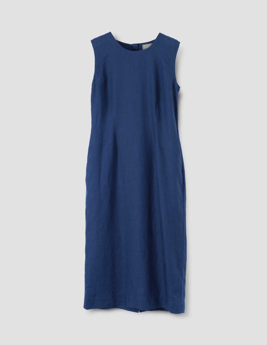 Blue straight cut midi length sleeveless dress, front flat lay view.