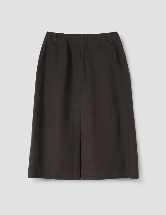 Brown skirt with back vent, three belt loops and welt back pocket, back flat lay view.
