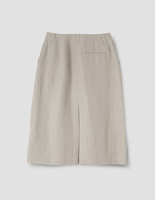 Beige back vent skirt with back side pocket and belt loops, back flat lay view.