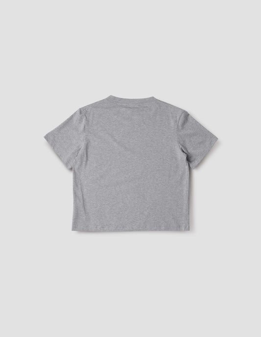 Grey cotton short sleeve t-shirt with boxy cut, back flat lay view.