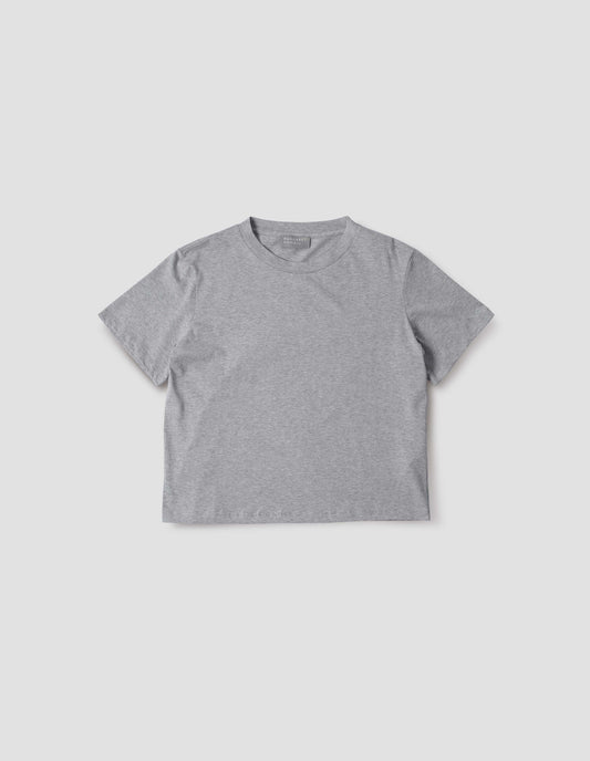 Grey cotton short sleeve t-shirt with boxy cut, front flat lay view.