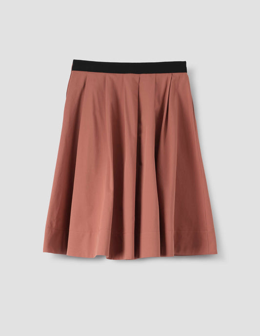 Dark pink pleated skirt with black waistband, back flat lay view.