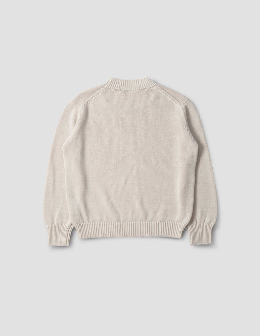 Beige chunky crew neck jumper, back flat lay view.