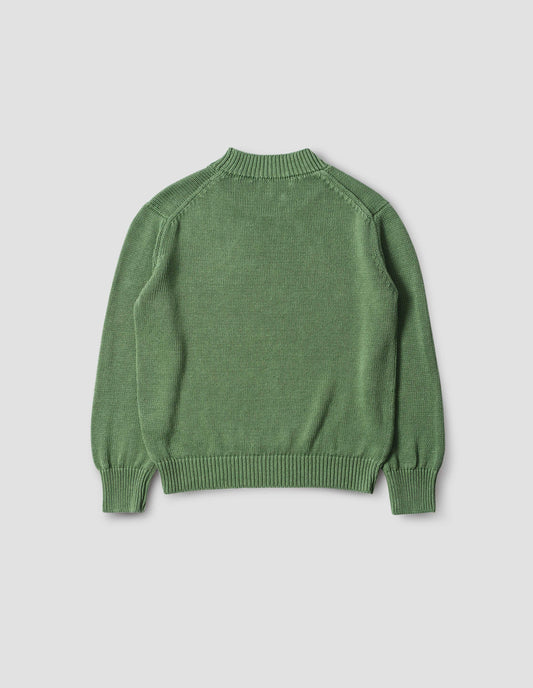 Green chunky crew neck jumper, back flat lay view.