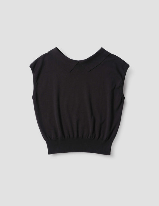 Black collared knitted vest, back flat lay view.
