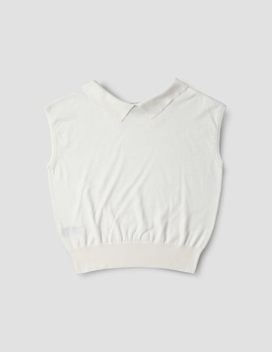 White collared knitted vest, back flat lay view.