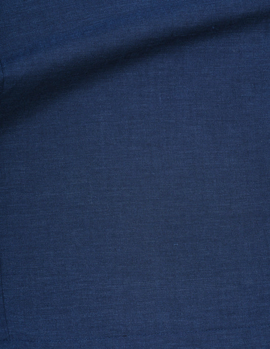 Navy blue cropped utility jacket, yarn dyed wool linen fabric swatch.