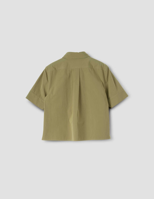 Green short sleeve shirt, with box pleat on back yoke, back view.