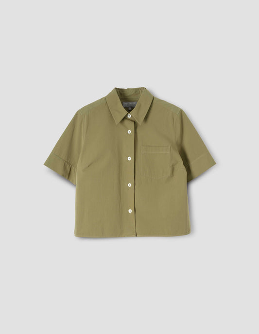 Green short sleeve shirt with mother of pearl buttons and chest pocket, front view.