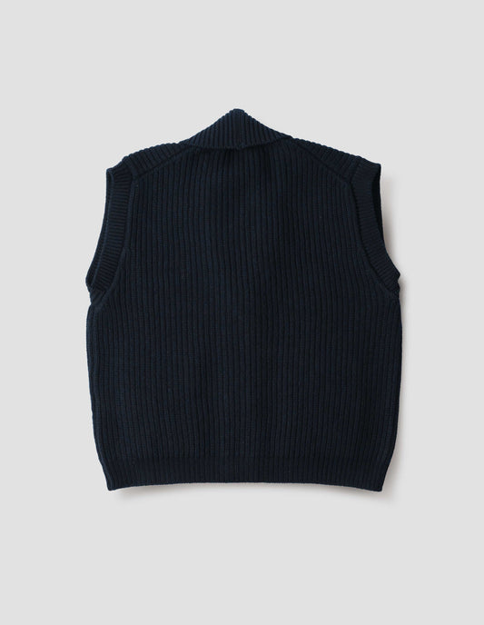 Dark blue shawl collar knitted waistcoat, back flat lay view.