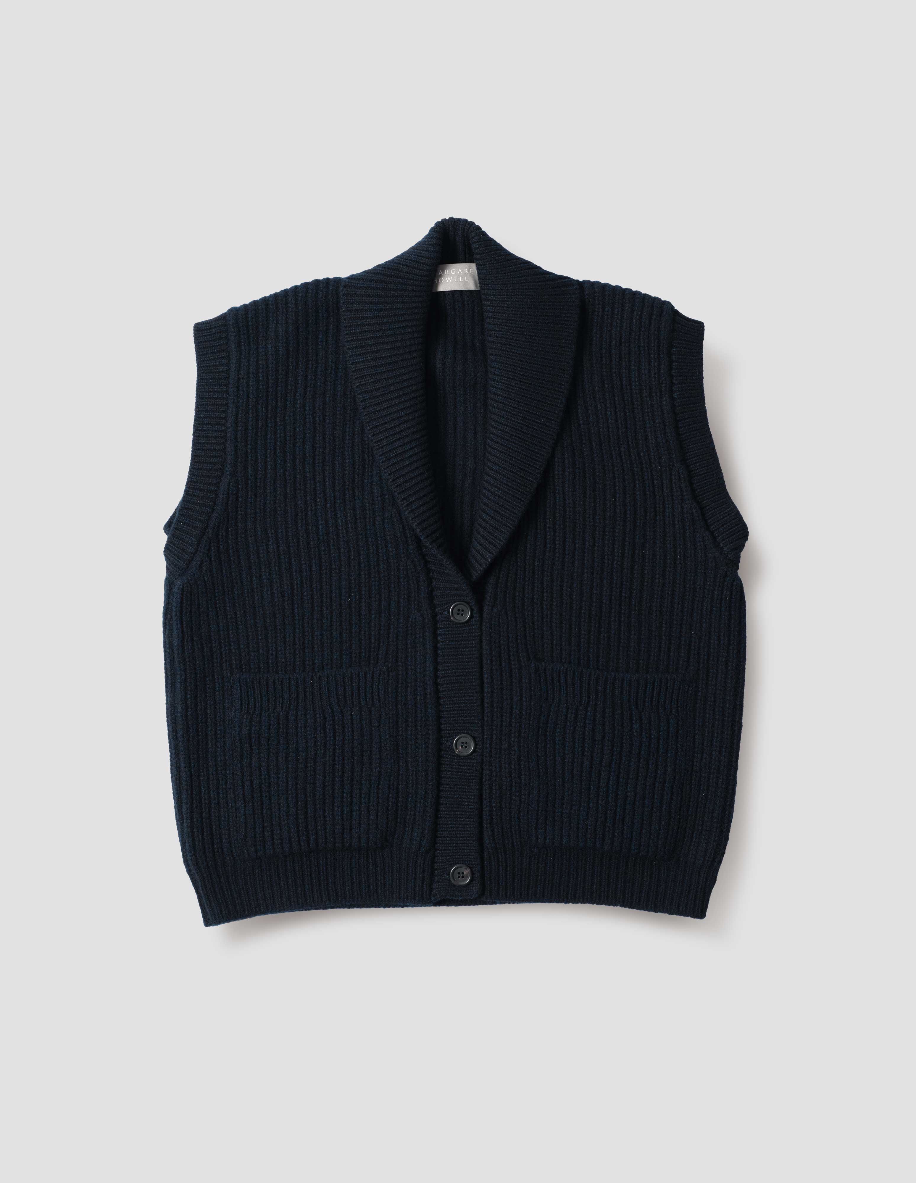 MARGARET HOWELL - 値下げ☆shawl collar vest Dark navy wool English Rib Shawl Collar Waistcoat | Margaret