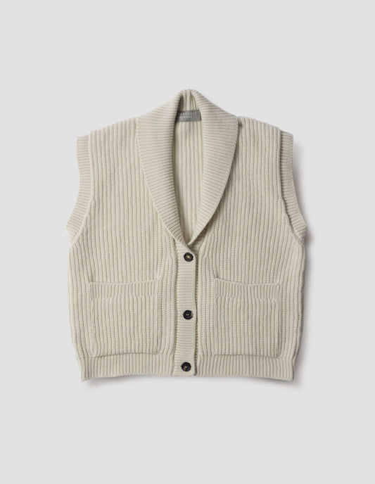 Beige shawl collar knitted waistcoat with patch pockets and horn buttons, front flat lay view.