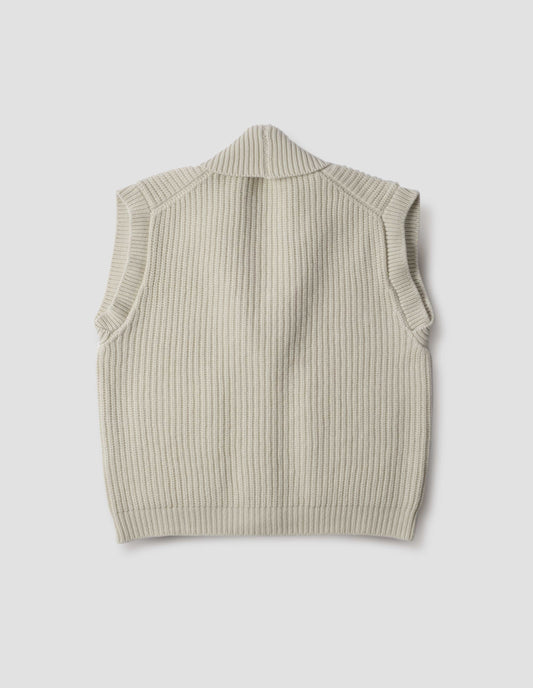 Beige shawl collar knitted waistcoat, back flat lay view.
