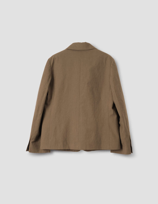 Brown blazer with horn button cuffs, back flat lay view.