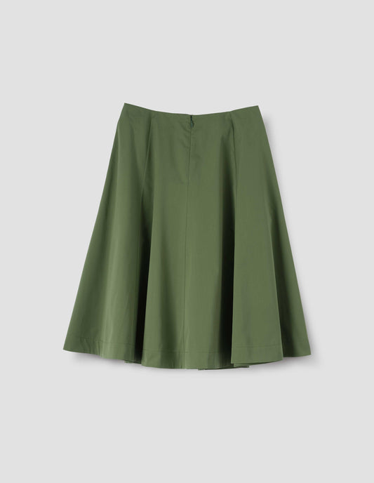 Green flared skirt with zip fastening, back flat lay view.