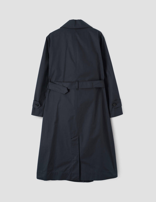 Navy blue long  mac with button tab cuffs, back vent and detachable leather buckle belt, back flat lay view.
